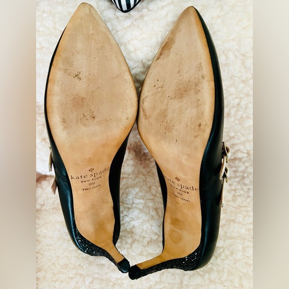 🎉HP🥳 Kate Spade Elpetha Heels in Black w/ Black Sparkle Heel & Cream Dbl Strap - Picture 8 of 16